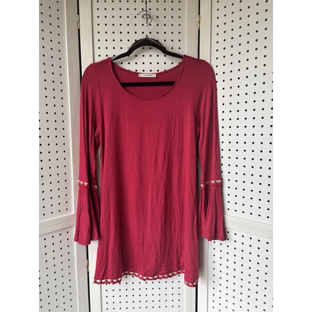 Emerald Women's Lg Red Bell SLV Tunic Crochet Lace Edge Detail Rayon